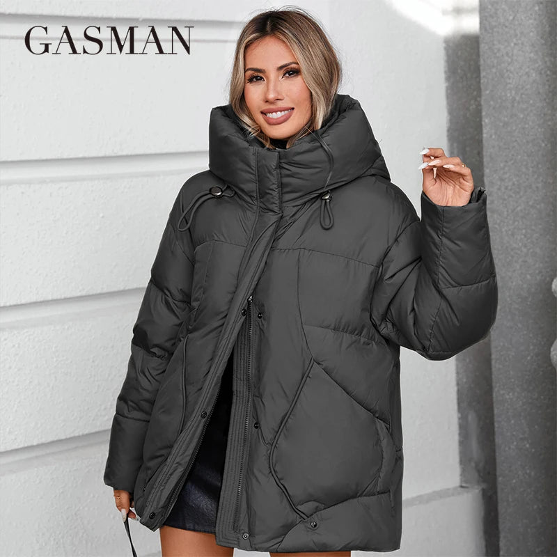 Elegante Damen-Daunenjacke mit Stehkragen und Kapuze – ideal für den Winter