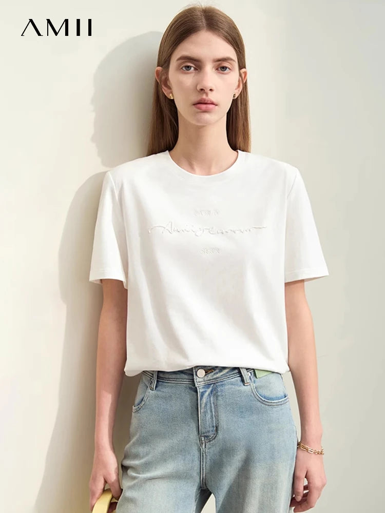 Damen T-Shirts im Minimalismus-Stil mit Kurzarm und Buchstaben-Stickerei