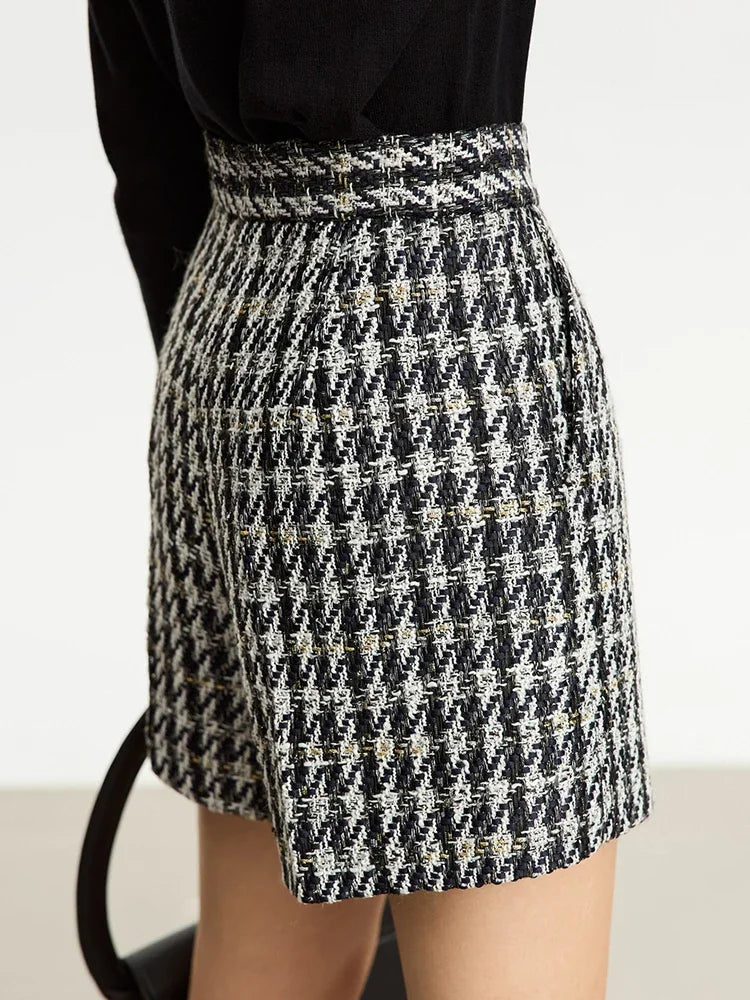 Damen Shorts im Retro-Stil mit kariertem Patchwork und Taschen