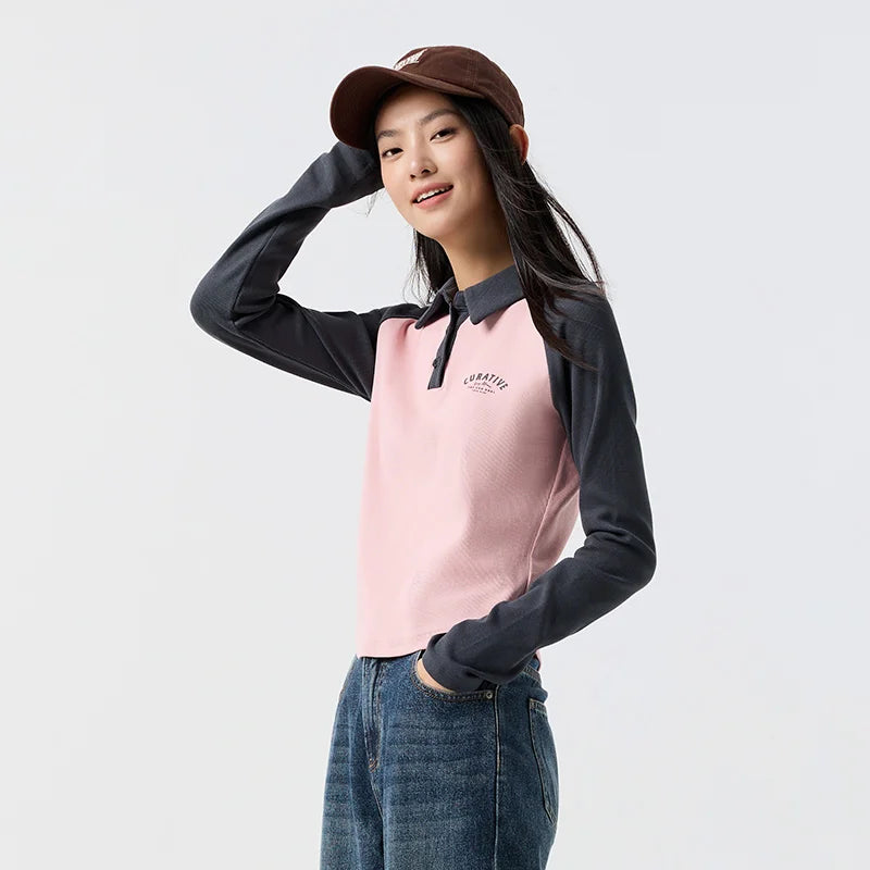 Semir Poloshirt für Damen, kurzer Stil, schmal, farbblockiert, Raglanärmel, 2024, Frühjahr, neues Oberteil mit Buchstabendruck