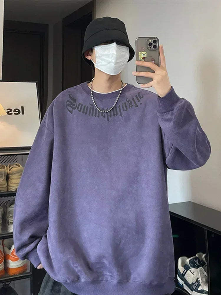 Frühlings-Herren-Sweatshirt aus Wildleder mit Goth-Buchstaben-Aufdruck, übergroße Pullover mit Rundhalsausschnitt, Hoodies, 2025, neue Y2K-Vintage-Fleece-Sudaderas
