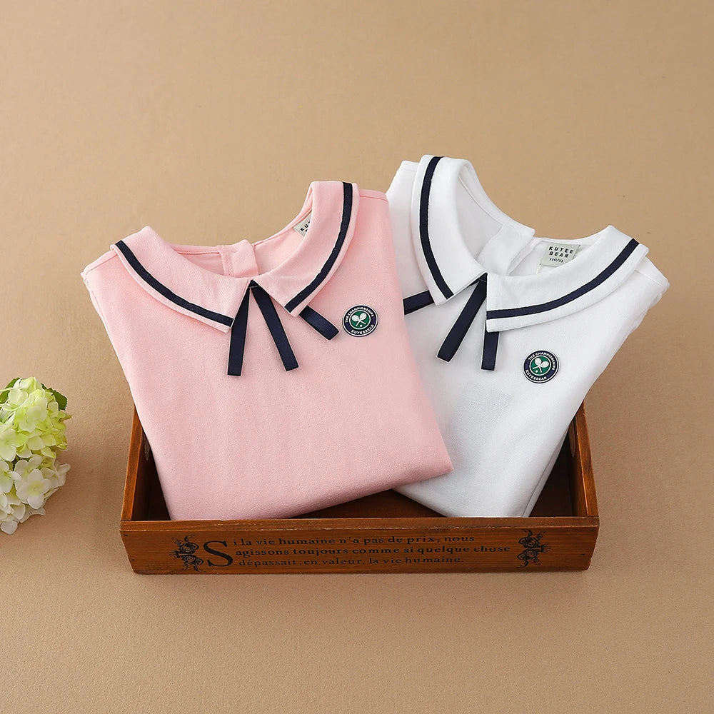 Mädchen T-shirt Sommer Baumwolle Tennis Kleidung für 4-10Y Kinder Drehen-unten Kragen Bogen Tops Kurzen Ärmeln Casual Tee