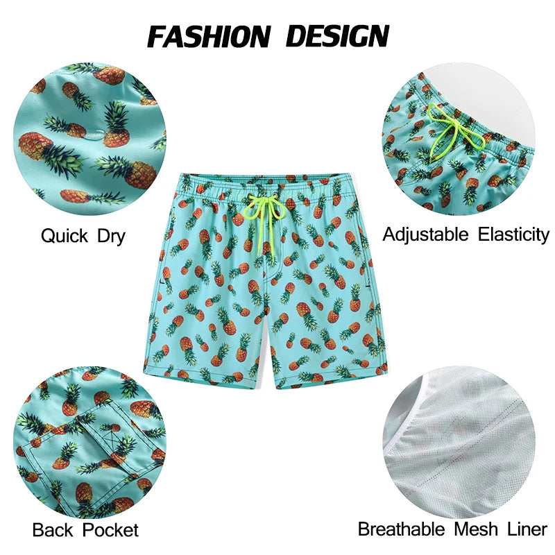 Kurze Herren-Shorts mit Print, Reißverschlusstaschen und schnelltrocknendem Material – ideal für Strand und Sport.