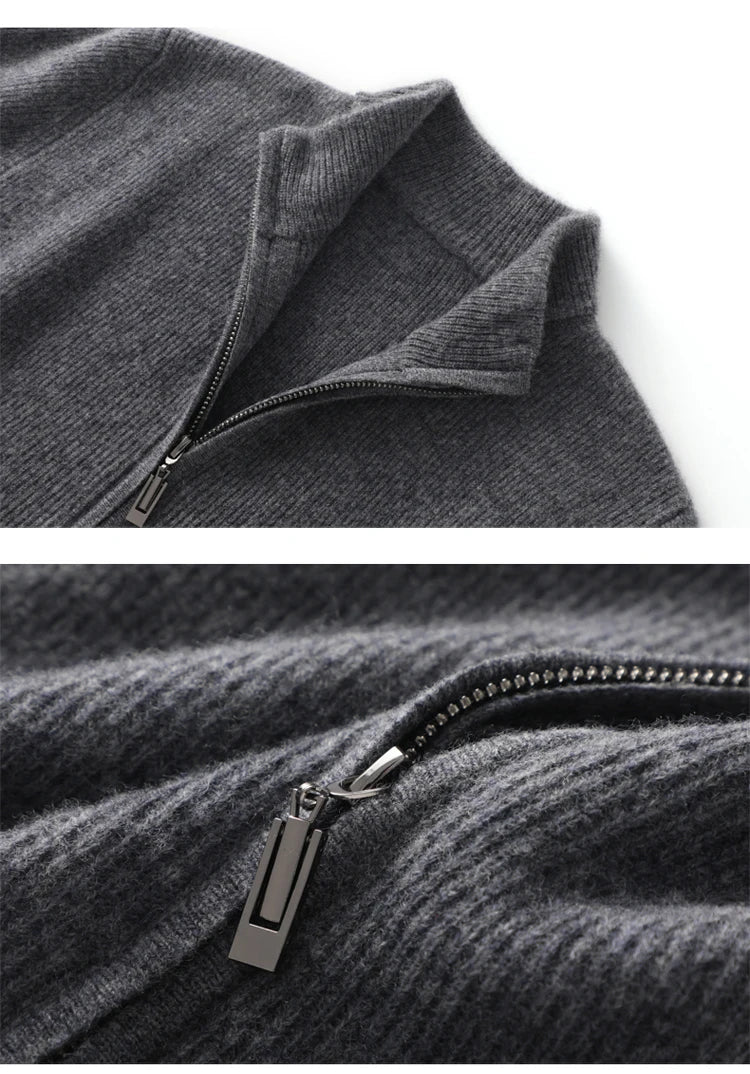 Stehkragen Reißverschluss Strickjacke Pullover Herrenmantel Business Casual Herbst Winter neue reine Wolle Strickjacke Männer Doppeltaschen