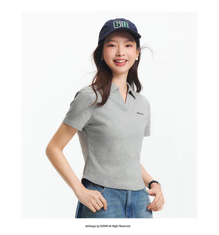 Semir Poloshirt für Damen, abgeschnitten, schmale Passform, elegant, 2025, neuer Sommer, bestickter Pullover, minimalistisch, für lässigen Stil
