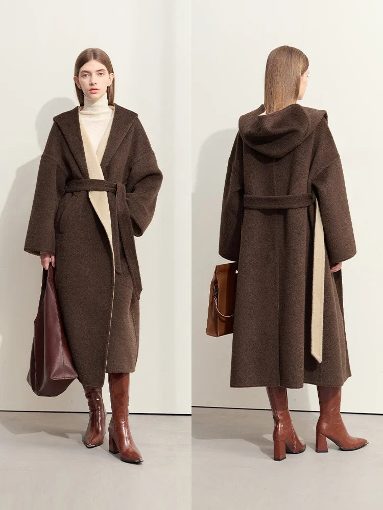 Damen Farbkontrast Wollmantel mit Kapuze und Tropfenärmeln für den Winter