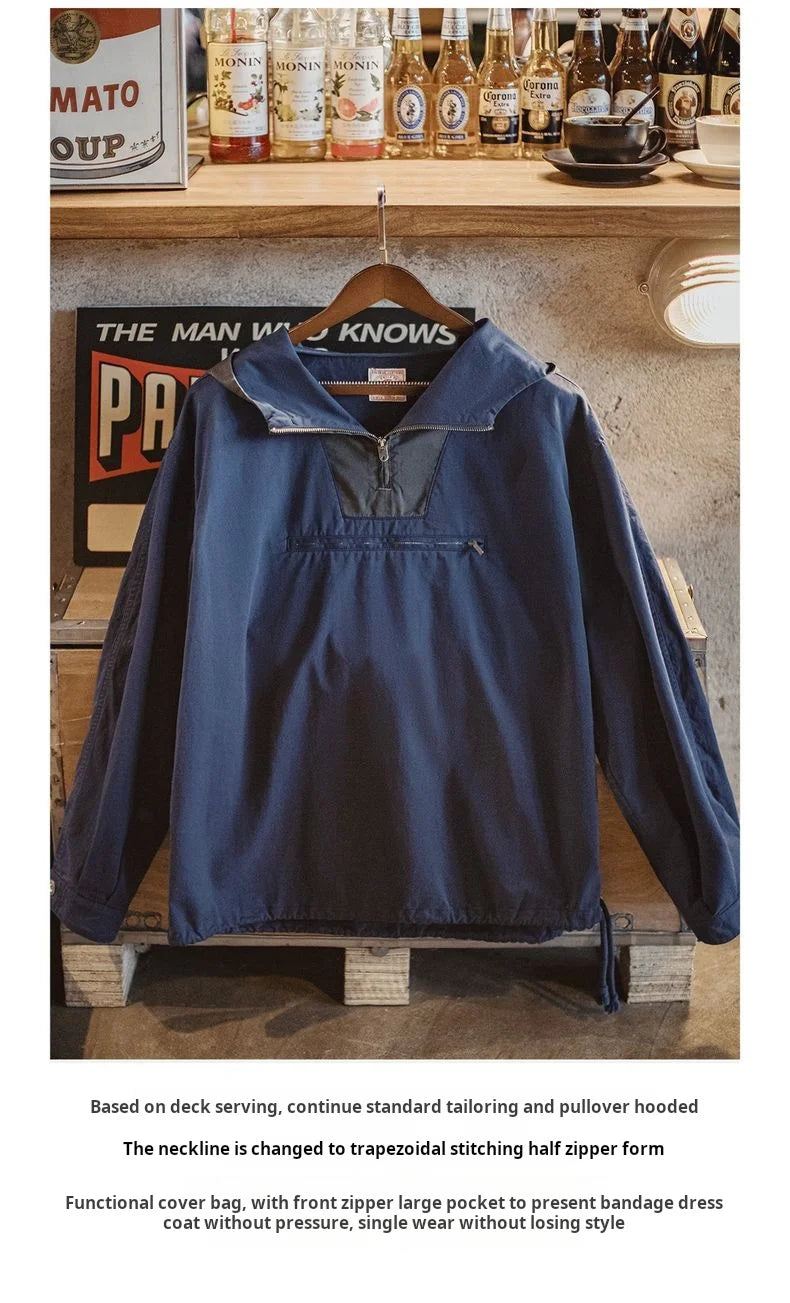 Herren Kapuzenjacke Vintage Color-Block Loose Fit Marineblau Taschen Mantel