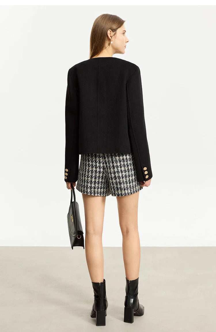 Damen Shorts im Retro-Stil mit kariertem Patchwork und Taschen