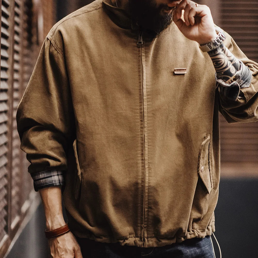 Herren Retro Cord Jacke mit Stehkragen und lässigen Taschen für Herbst