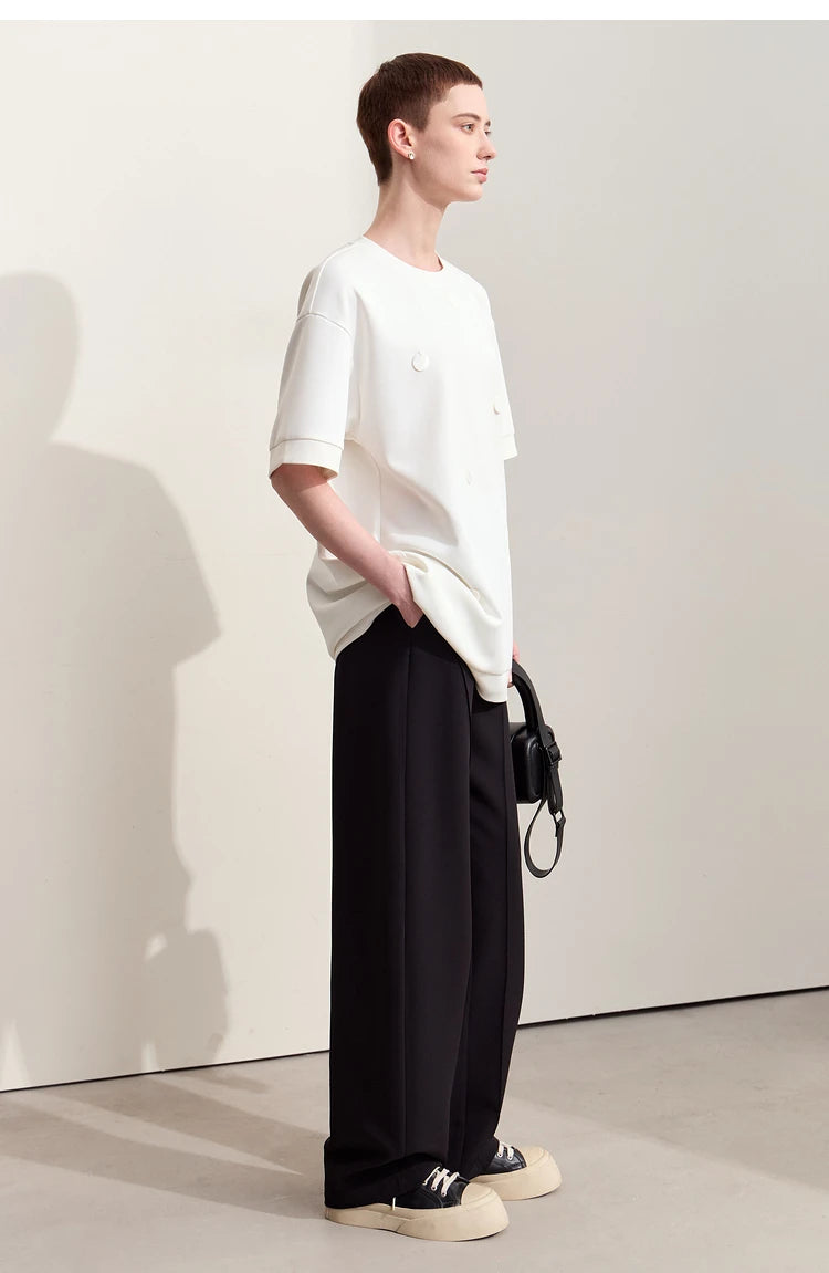 Damen T-Shirts im Minimalismus-Stil mit losem Patchwork und Dekoration