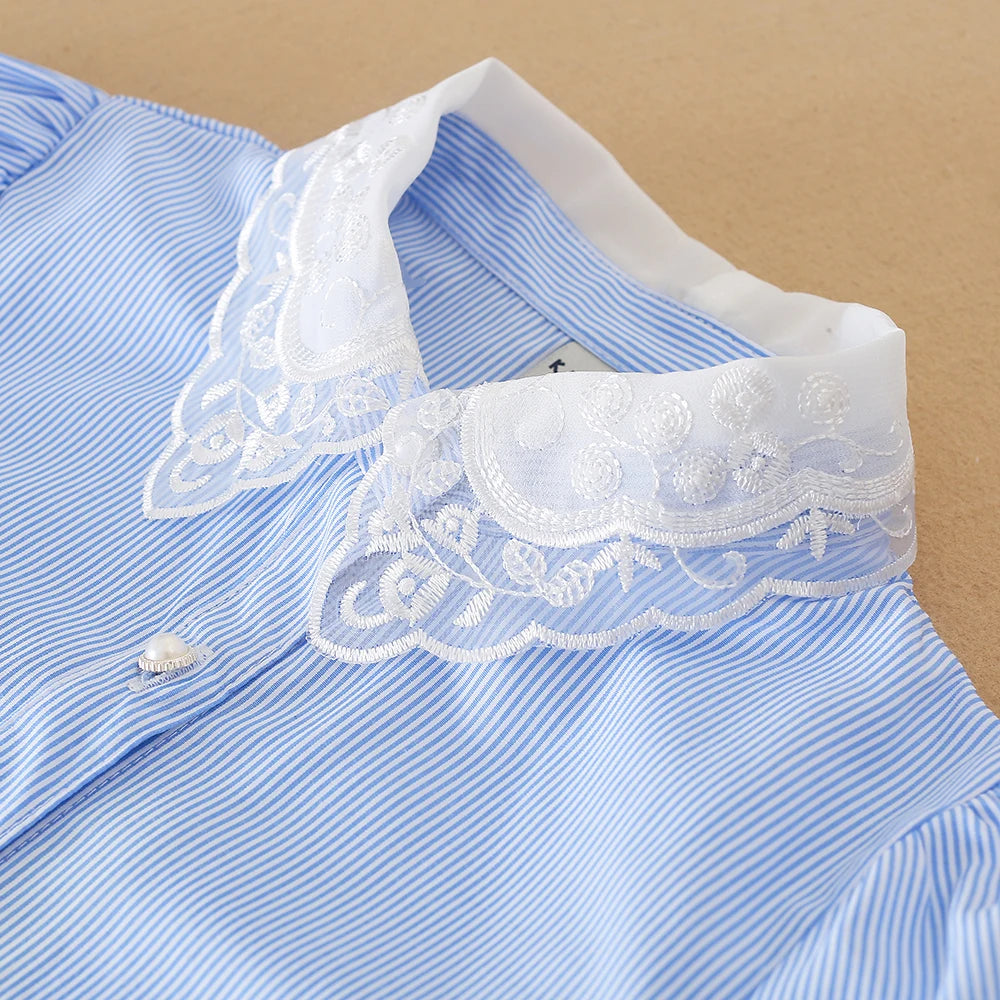 Mädchen-Langarmshirt, Kinder-Bluse mit Spitzenkragen, passend für Kinder im Alter von 5 bis 12 Jahren, 100 % Baumwolle, blau gestreifte Kleidung für Kinder