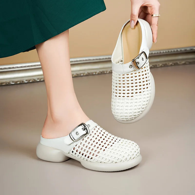 AIYUQI frauen Maultiere Hausschuhe 2025, Neue Mittlere Ferse Geflochtene Geschlossene Zehe Frauen Hausschuhe Sommer Große Größe Hohl Weibliche Schuhe