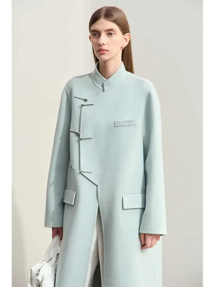Damen Langer Mantel aus Wolle im minimalistischen chinesischen Stil mit Taschen