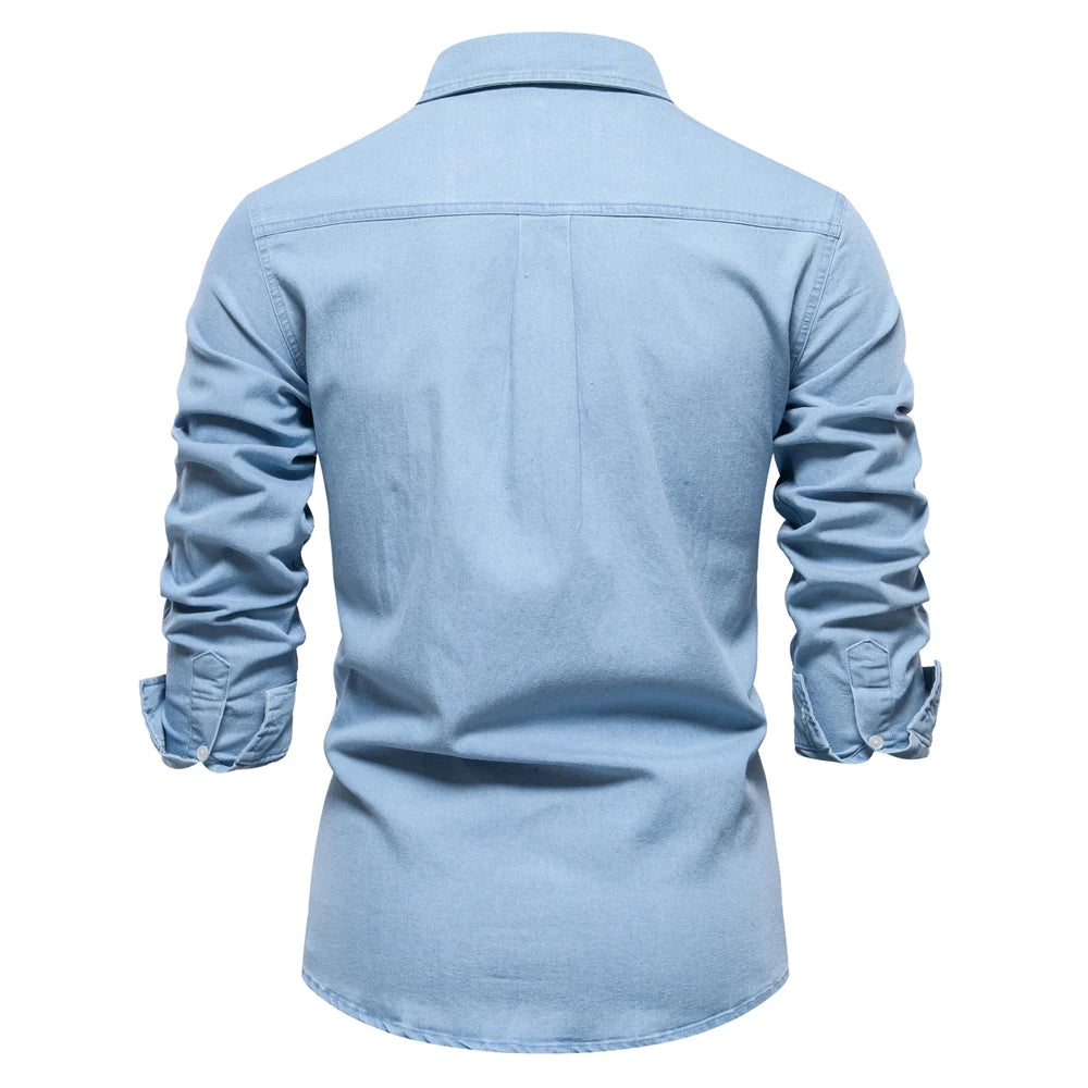 Herren Hemd aus Baumwolle im einfarbigen Denim-Look mit Tasche