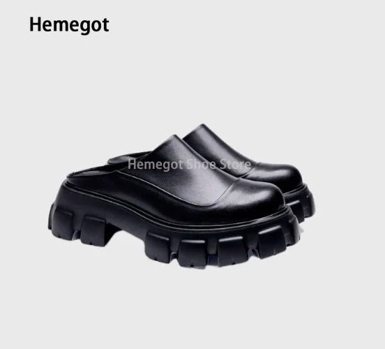 Black Round Toe Men's Business Formal Leather Shoes Spring and Summer New Genuine Leather Large Size Men's Slippers