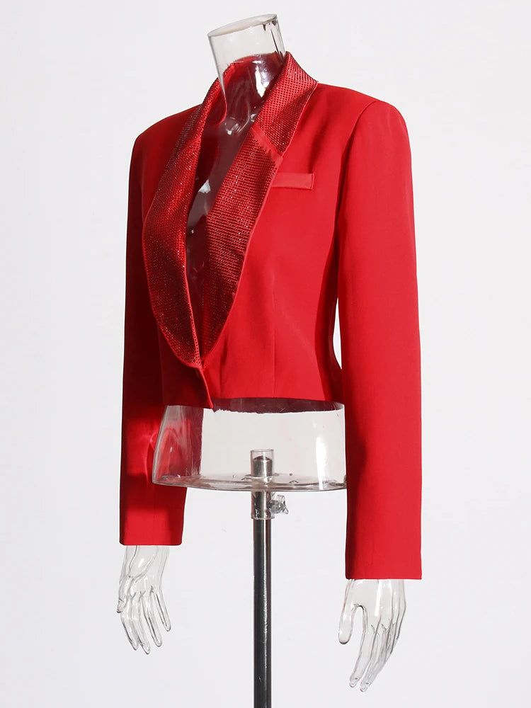 Eleganter Damen-Blazer mit Reverskragen und langen Ärmeln – Patchwork-Design und einreihiger Verschluss für einen lässigen Look.