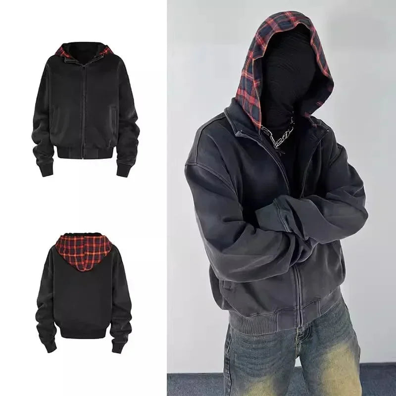 Herbst Plaid Zipper Mit Kapuze Sweatshirts Für Männer Y2K Vintage Streetwear Patchwork Jacken Weibliche Harajuku Mode Hoodies Mäntel