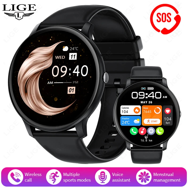 LIGE SOS Smartwatch 1,39 Zoll HD Sprachassistent Bluetooth Anruf Sport Fitness Smart Watch Männer Frauen Für Android IOS 2025 Neue