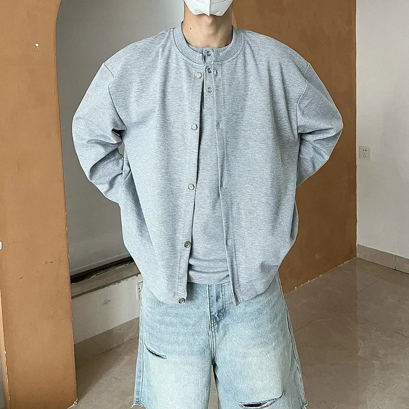 Herbst Vintage gefälschte zweiteilige Sweatshirts für Männer einfarbige Henley Neck Button Jacken koreanische Mode lose y2k Sudaderas