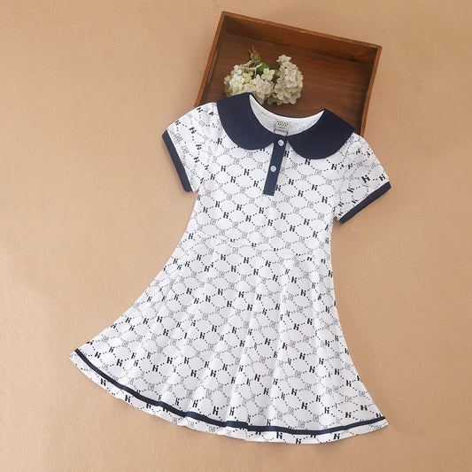 Bedrucktes Polokleid für Mädchen mit marineblauem Kragen, kurzärmliges A-Linien-Kleid mit Monogramm-Muster, weiße Sommerkleider für Kinder