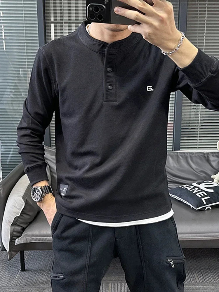 Herren Neu in Knopf Henley Neck Sweatshirts Frühling Brief Drucken Pullover Hoodies Casual Lose Y2K Streetwear Sudaderas Hombre