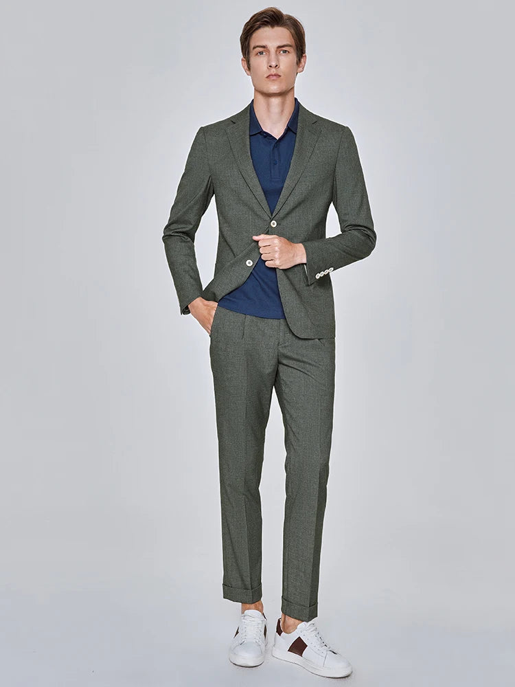 Herrenanzug-Set aus Leinen-Baumwoll-Mix mit Blazer und Hose im Slim-Stil – Sommerlich, Dünn, Doppelreihig, Langarm, Weiß Gestreift