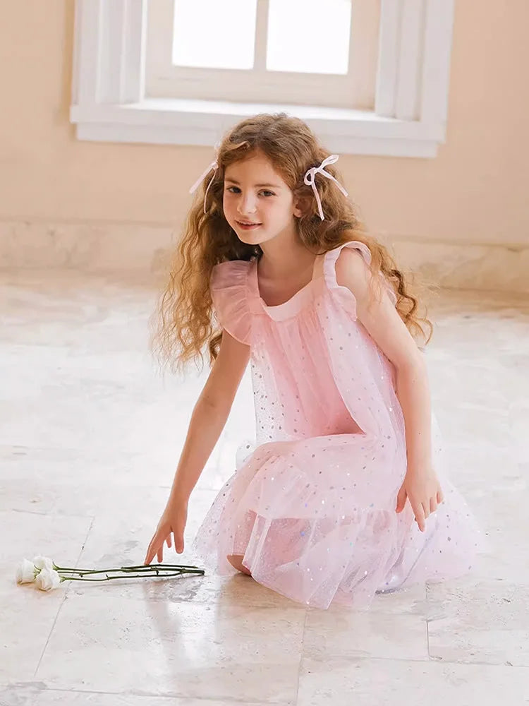 Rosa Prinzessinnen-Kleid für Mädchen mit Pailletten und Gaze – Sommerliches Partykleid für Kinder von 3 bis 12 Jahren