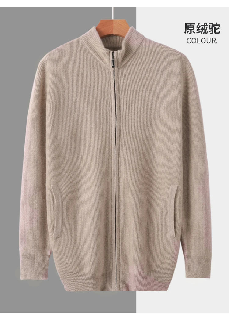 Stehkragen Reißverschluss Strickjacke Pullover Herrenmantel Business Casual Herbst Winter neue reine Wolle Strickjacke Männer Doppeltaschen