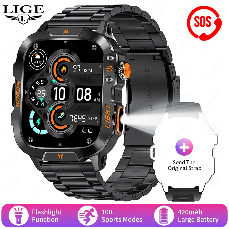 LIGE Neue LED Taschenlampe Outdoor Smart Uhr 420 mAh Batterie Wasserdicht 100 + Sport Herzfrequenz Sprachanruf 1,96 "HD Smartwatch Männer
