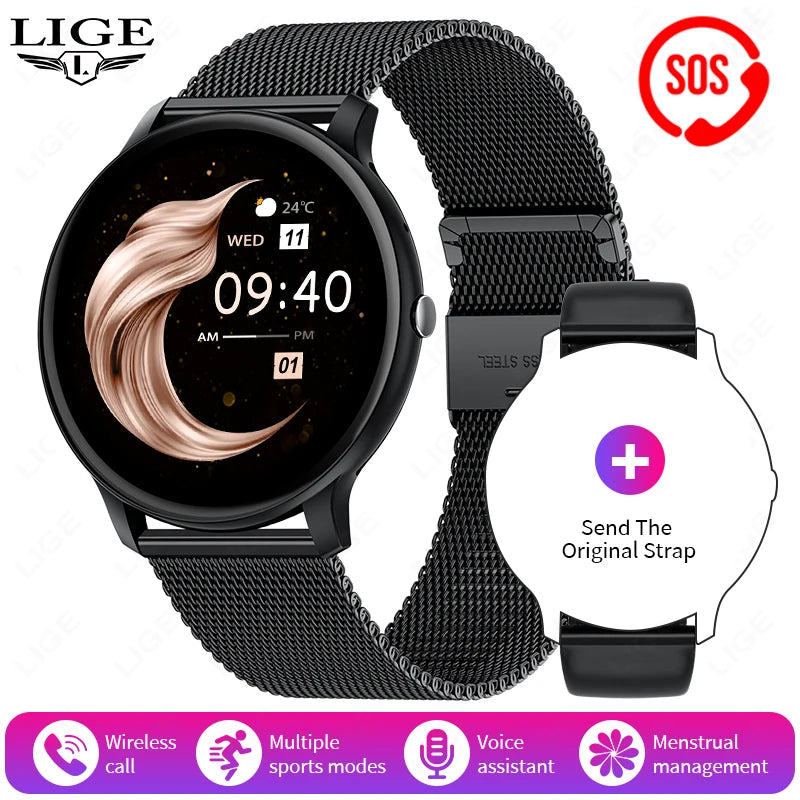 LIGE SOS Smartwatch 1,39 Zoll HD Sprachassistent Bluetooth Anruf Sport Fitness Smart Watch Männer Frauen Für Android IOS 2025 Neue