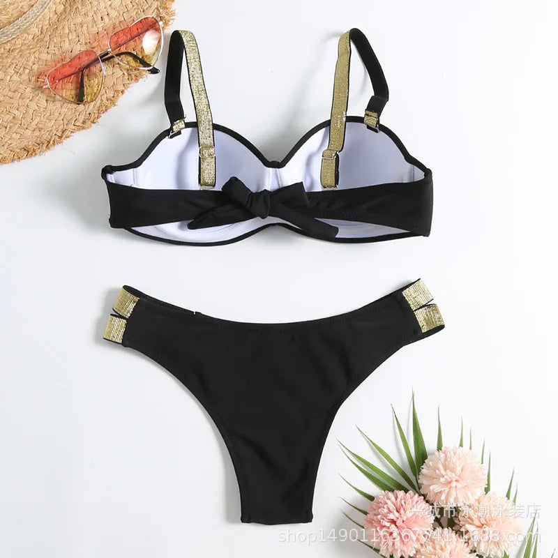 Sexy Bikini-Set in Rosenrot mit Strasssteinen – Push-Up-Badeanzug für Damen am Strand oder Pool