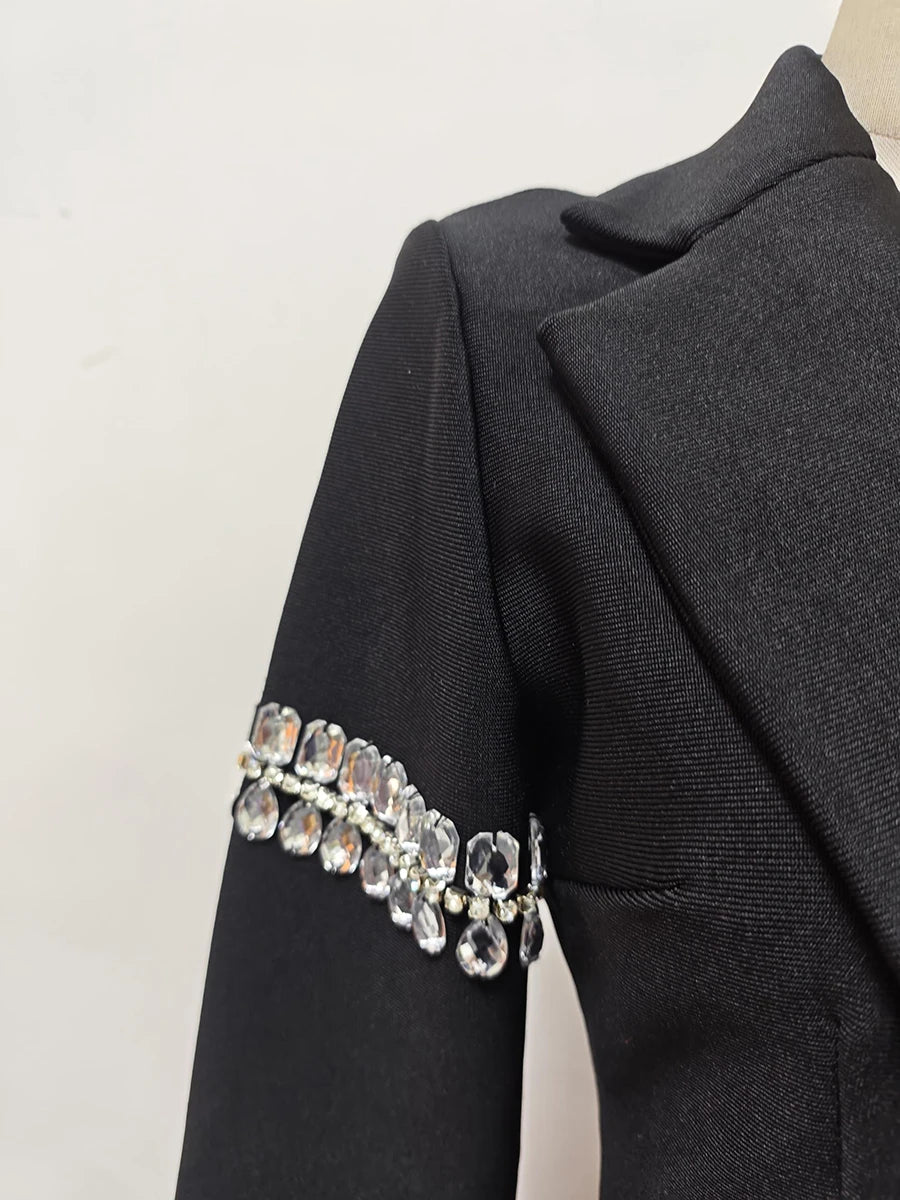 Zweiteiliges Damen-Set mit V-Ausschnitt, langen Ärmeln und Perlenverzierung – Patchwork-Top mit Knöpfen und hoch taillierte Hose