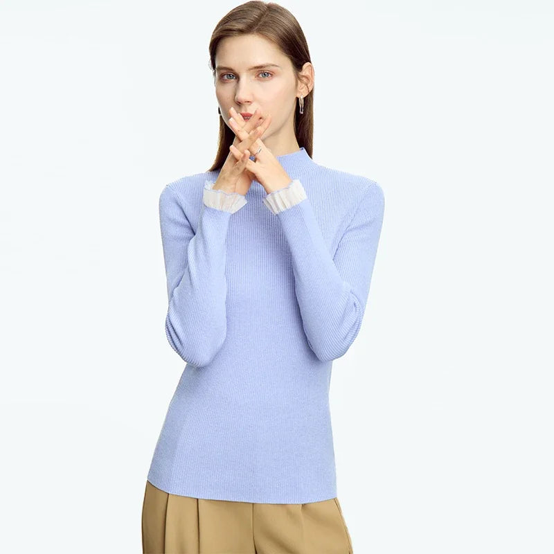 Damen-Rollkragen-Strickpullover, langarm, hellblau, schmaler Schnitt mit geripptem Strick