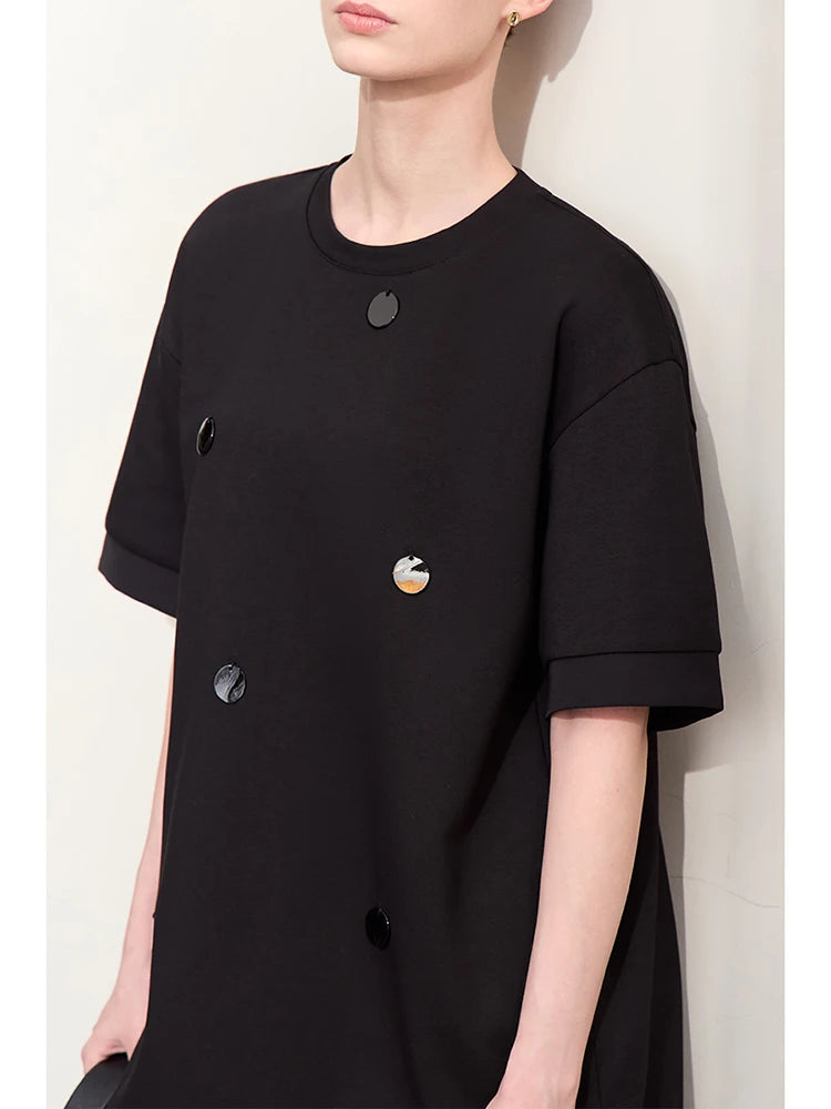 Damen T-Shirts im Minimalismus-Stil mit losem Patchwork und Dekoration