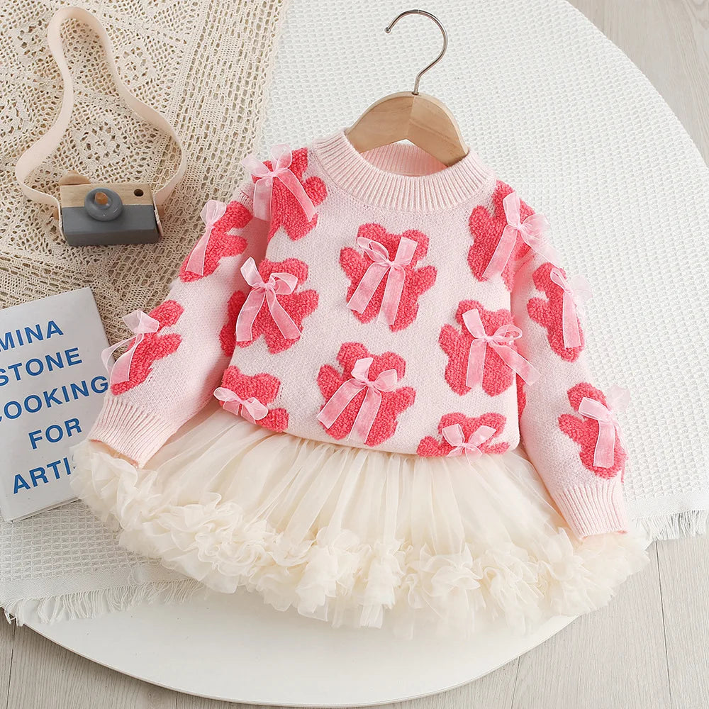 Mädchen Outfit Set mit süßem Bär Bogen Pullover und Mesh Rock