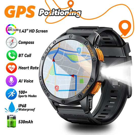 LIGE Military GPS Smart Uhr Männer AMOLED HD Bildschirm Bluetooth Anruf Herzfrequenz LED Taschenlampe Kompass 530 mAh Smartwatches 2025 neue
