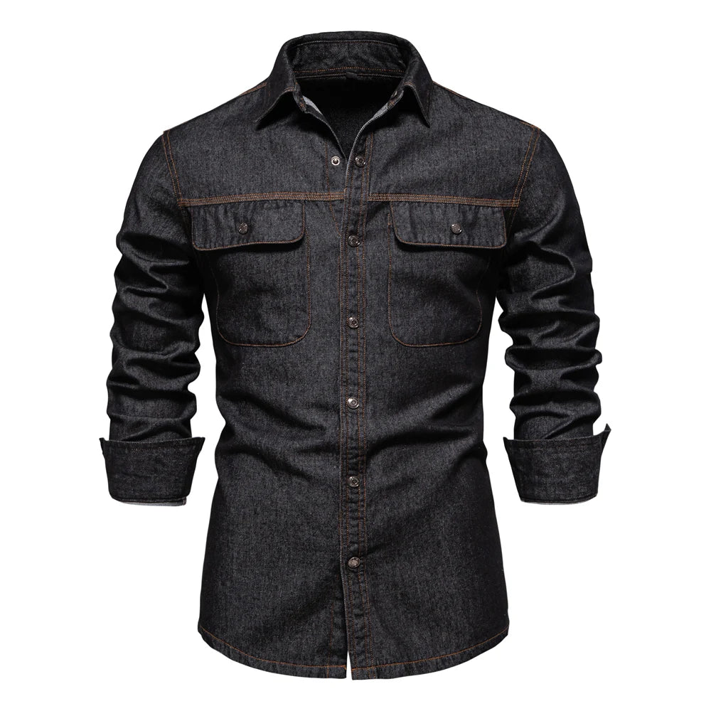 Herren Denim Shirts aus 100 Prozent Baumwolle mit doppelten Taschen im Casual-Stil