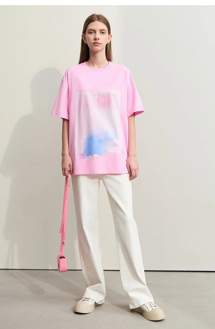 Damen T-Shirts im Minimalismus-Stil mit abstraktem Druck aus Baumwolle