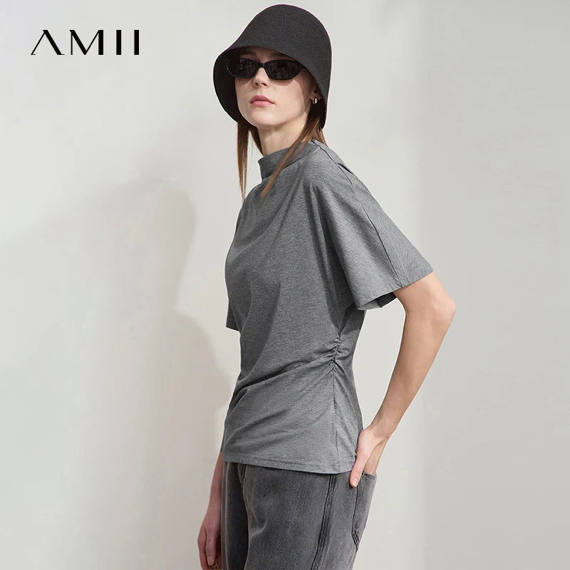 Damen T-Shirt im minimalistischen Sommer-Stil mit solidem Rollkragen und Kurzarm