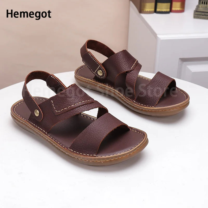 Summer New Men's Leather Sandals Casual Comfortable Breathable Soft Bottom Soft Surface Beach Two-Use Outdoor Sandals