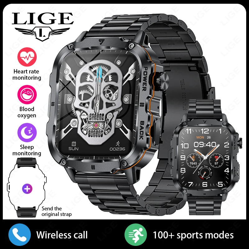 LIGE Outdoor Militär Sport Smart Uhr Männer Frauen Fitness Track Herzfrequenz Blut Sauerstoff Wasserdicht BT Anruf 1,95-Zoll Smartwatch