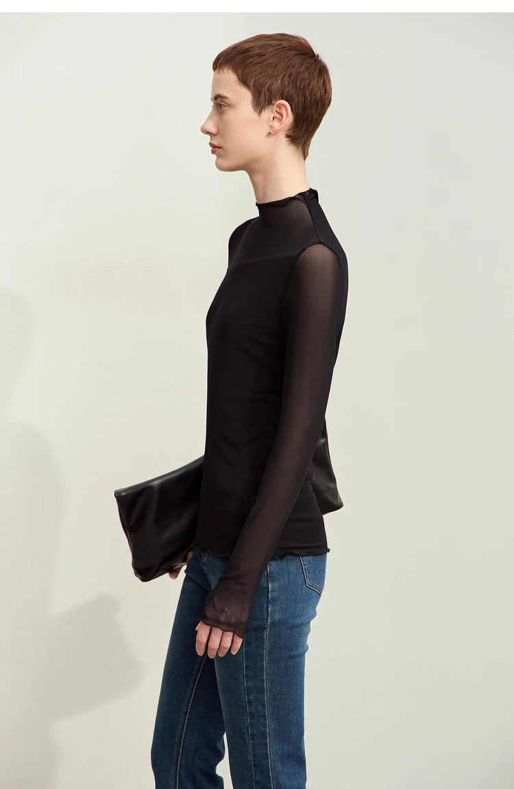 Damen Mesh-T-Shirt im minimalistischen Design mit halbhohem Ausschnitt
