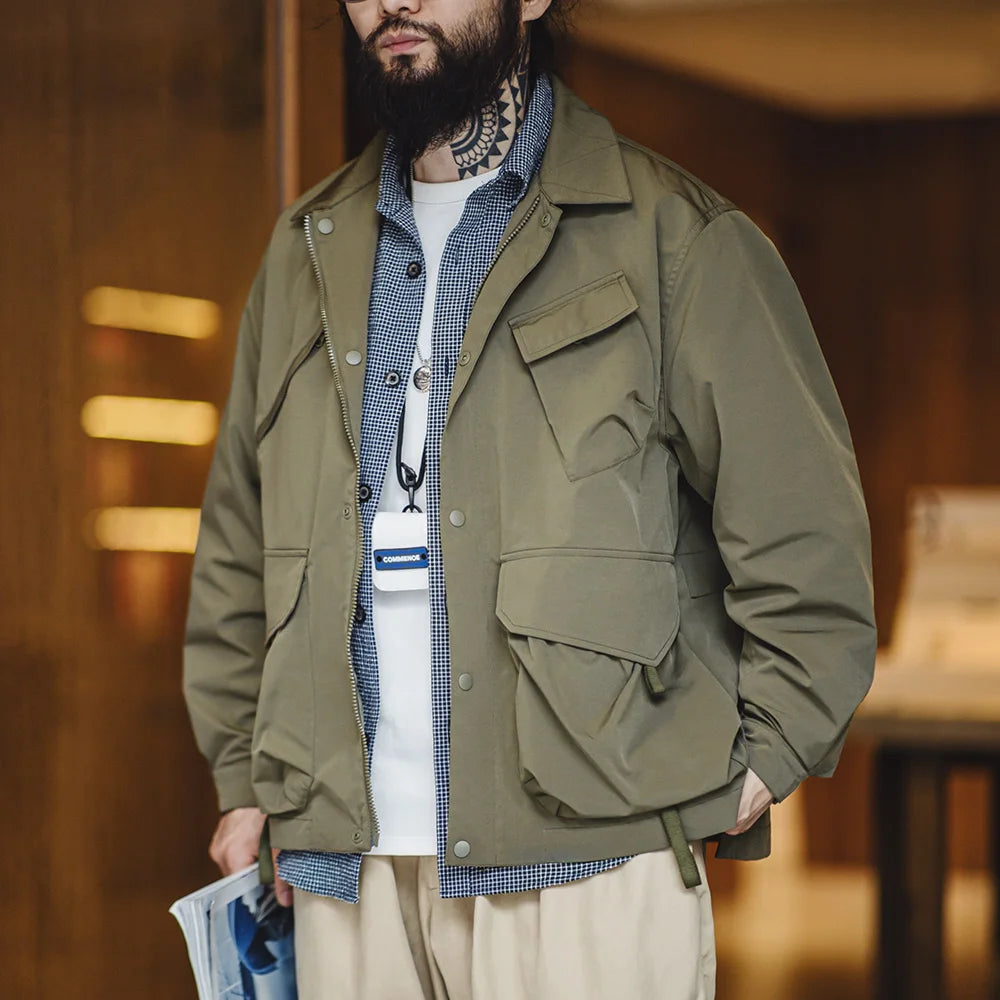 Herren Jacke Urban Outdoor Große Taschen Grüne Lässige Revers Jacke