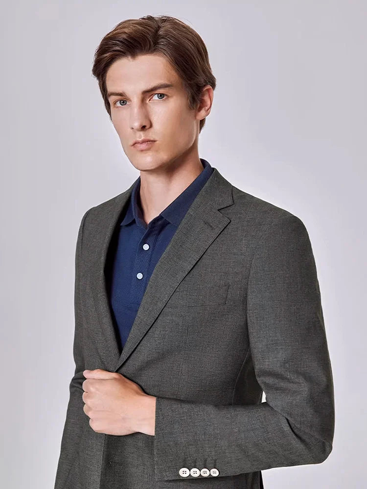 Herrenanzug-Set aus Leinen-Baumwoll-Mix mit Blazer und Hose im Slim-Stil – Sommerlich, Dünn, Doppelreihig, Langarm, Weiß Gestreift