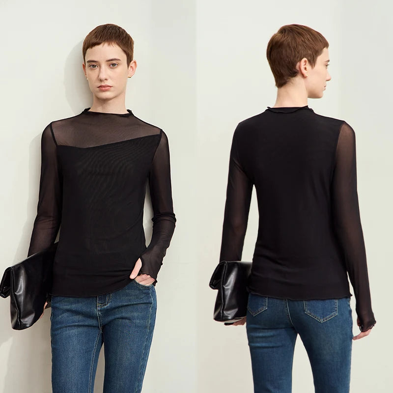 Damen Mesh-T-Shirt im minimalistischen Design mit halbhohem Ausschnitt