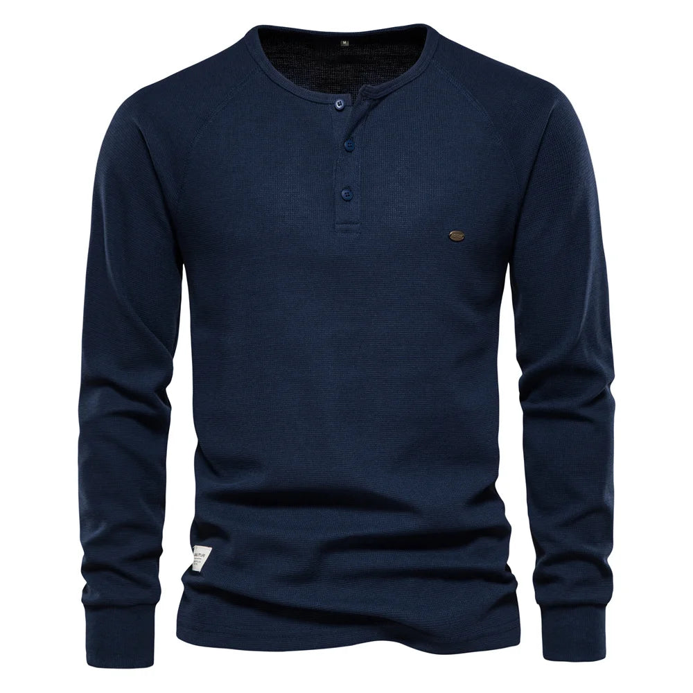Herren Langarm Waffel Henley T-Shirt in fester Farbe für den Herbst