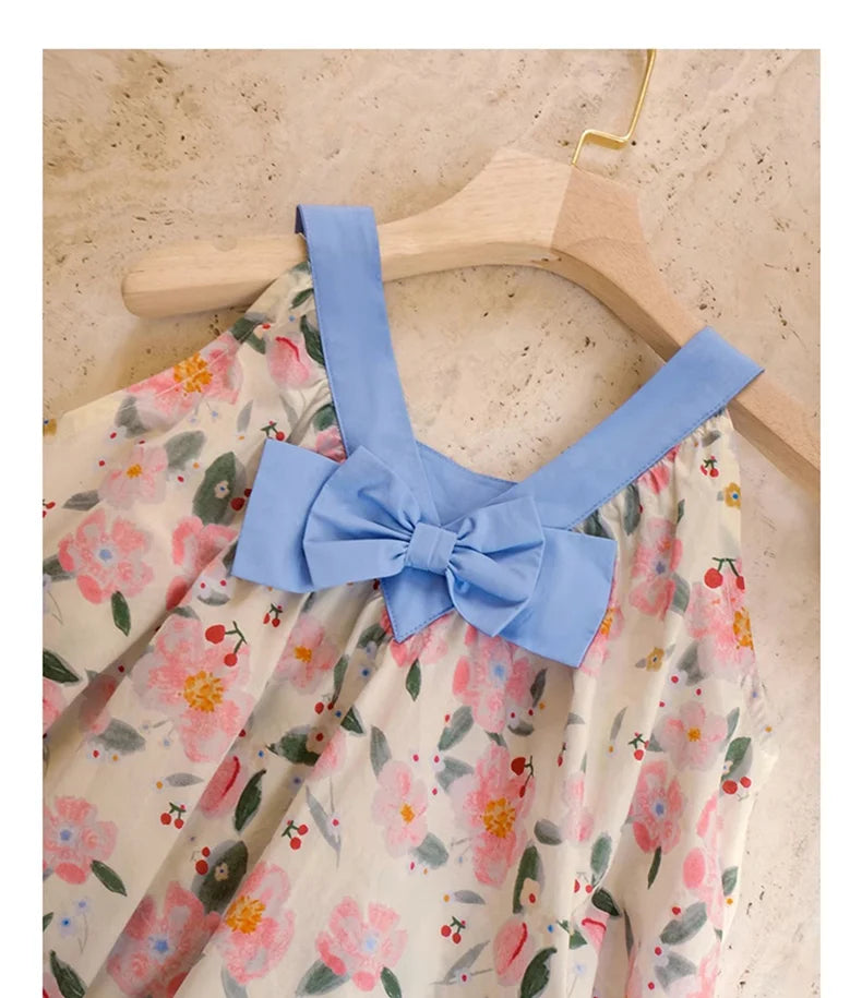 Sommerkleid für Mädchen aus 100% Baumwolle mit kurzen Ärmeln und niedlichem blauen Blumenmuster – geeignet für Kinder von 3 bis 14 Jahren (110cm-170cm)