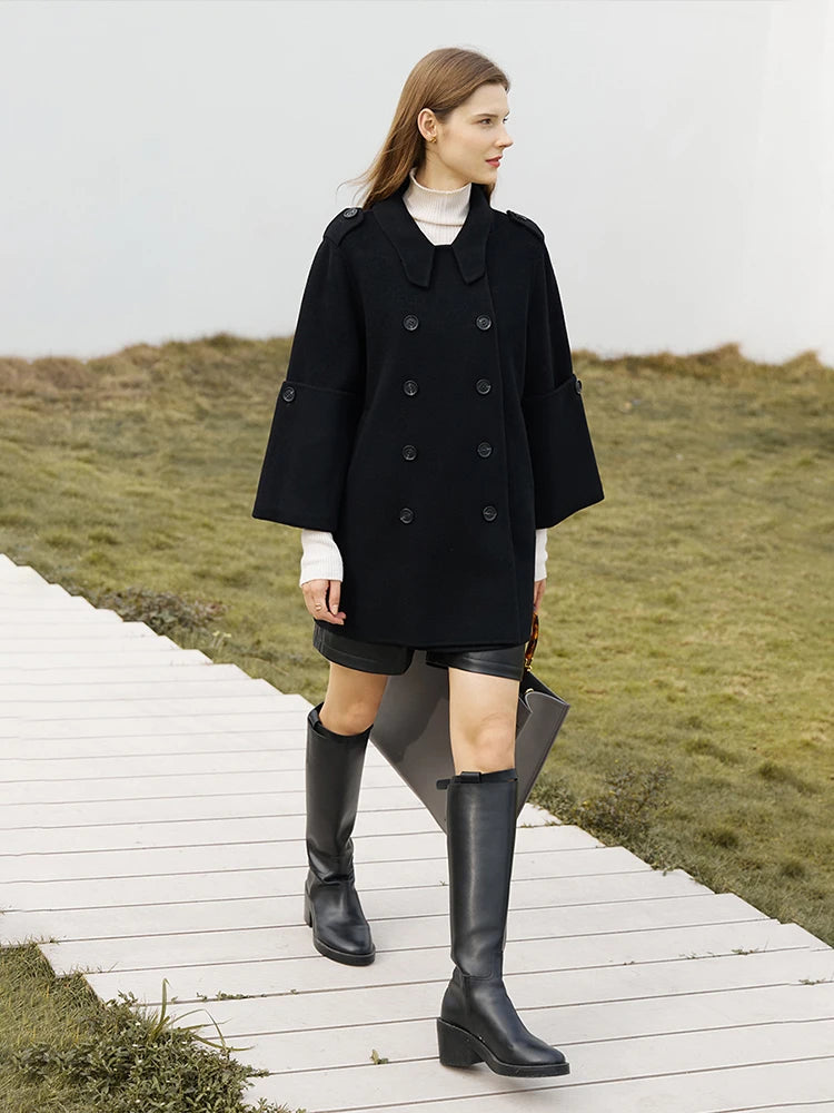 Damen Wollmantel im minimalistischen England Stil mit zwei Reihen Knöpfen