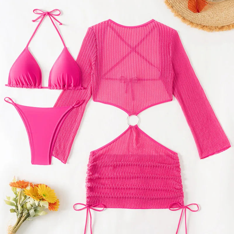 Dreiteiliger Damen-Bikini mit sexy Print und hoch tailliertem Design – ideal für Strand und Pool