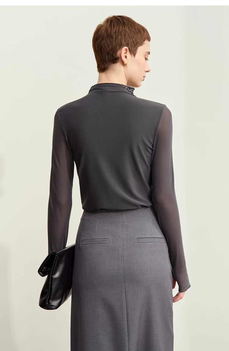Damen Mesh-T-Shirt im minimalistischen Design mit halbhohem Ausschnitt